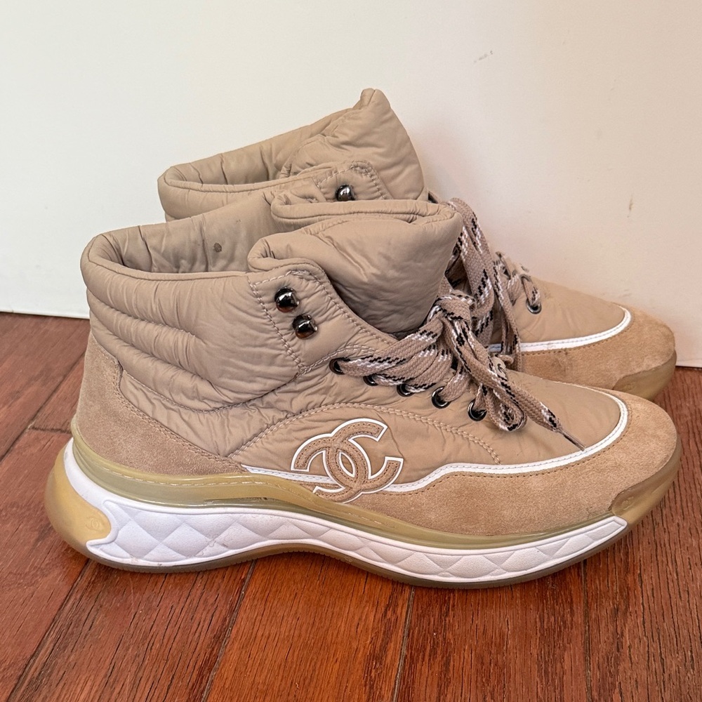 CHANEL Taupe Quilted Sneakers